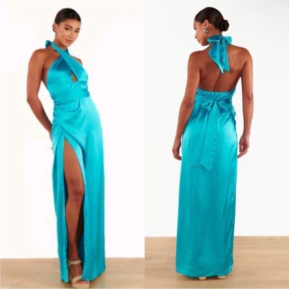 Show me your MuMu NWT Adele Halter Maxi Dress In Teal Luxe Satin Small - Picture 1 of 12